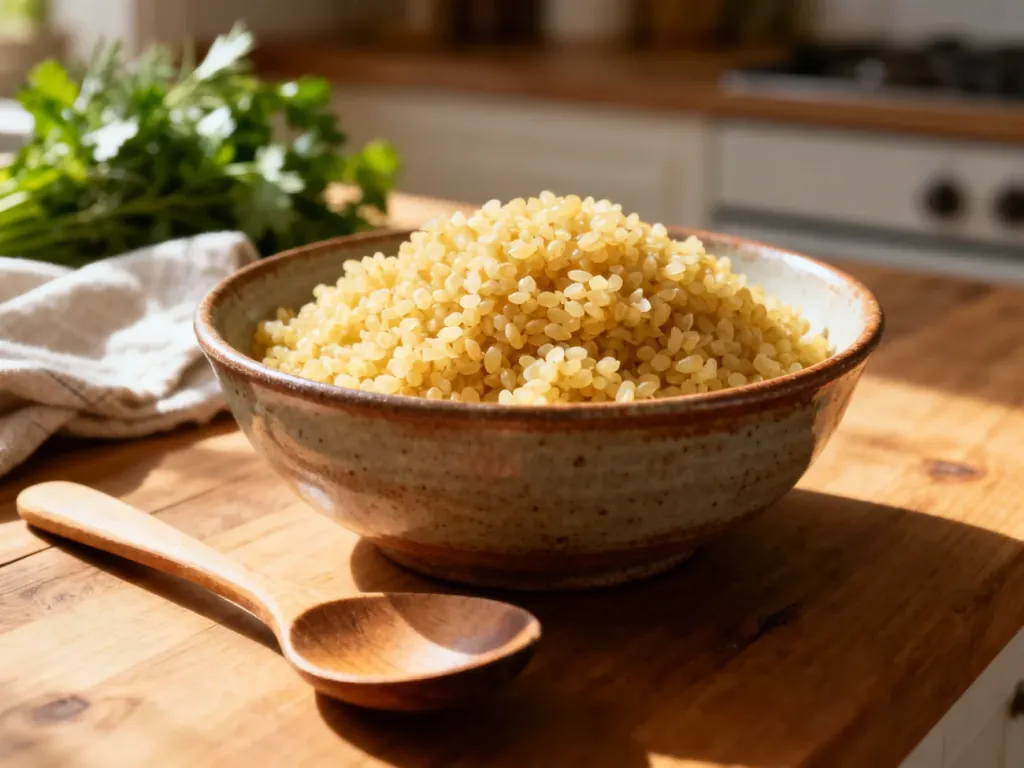 Ugotowana, puszysta kasza bulgur w rustykalnej misce na drewnianym stole. Idealna propozycja podania zdrowego posiłku.