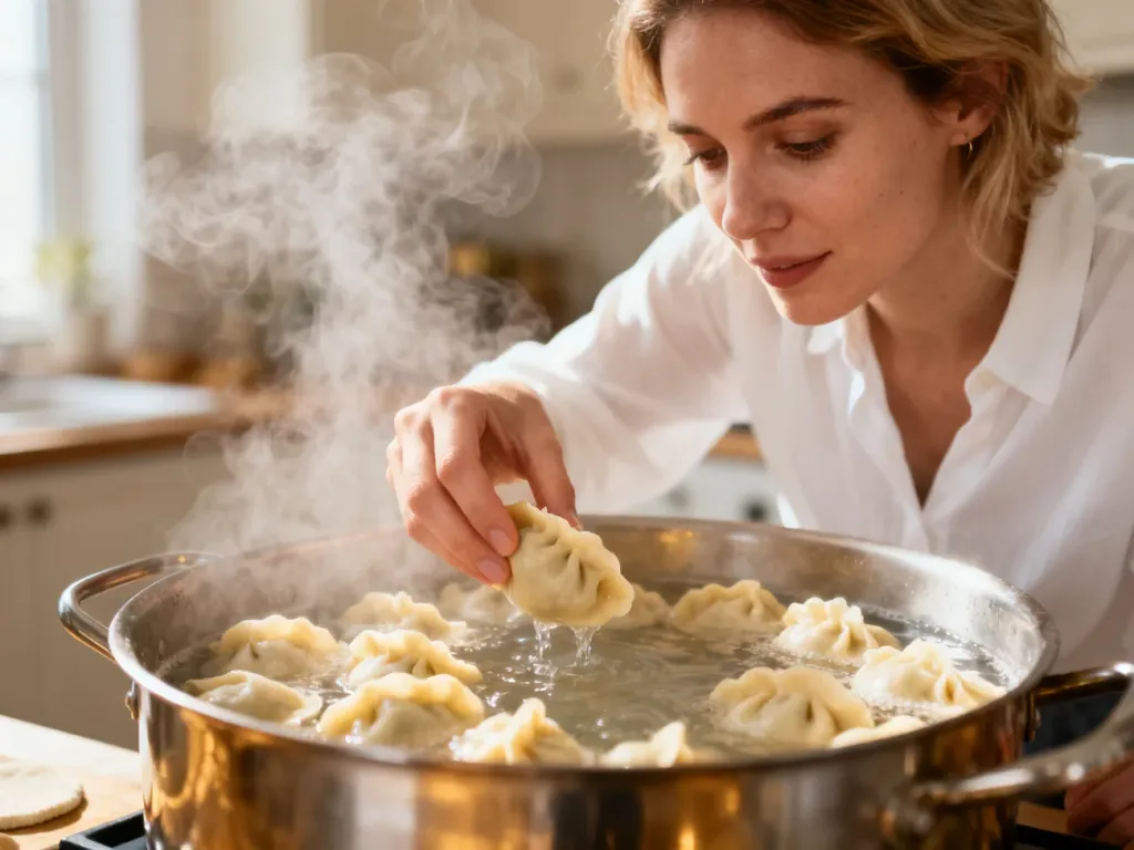 Kobieta wkłada świeże, domowe pierogi do garnka z wrzącą wodą w przytulnej kuchni.