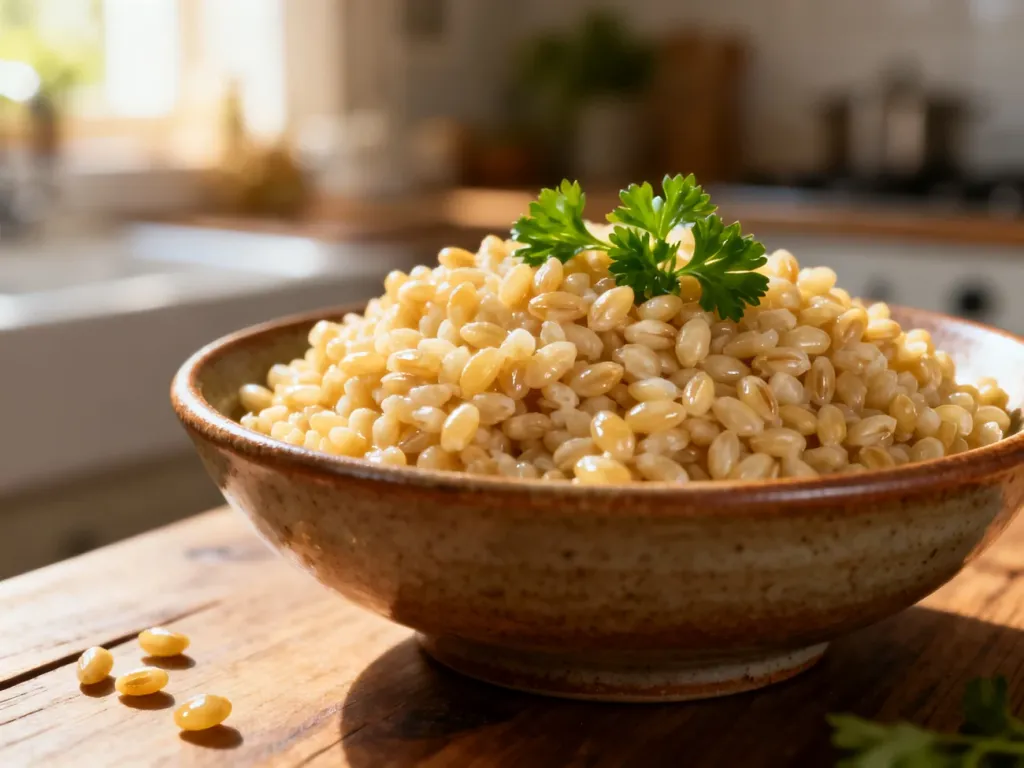 Ugotowana kasza pęczak w ceramicznej misce, posypana świeżą natką pietruszki w ciepłym, porannym świetle.